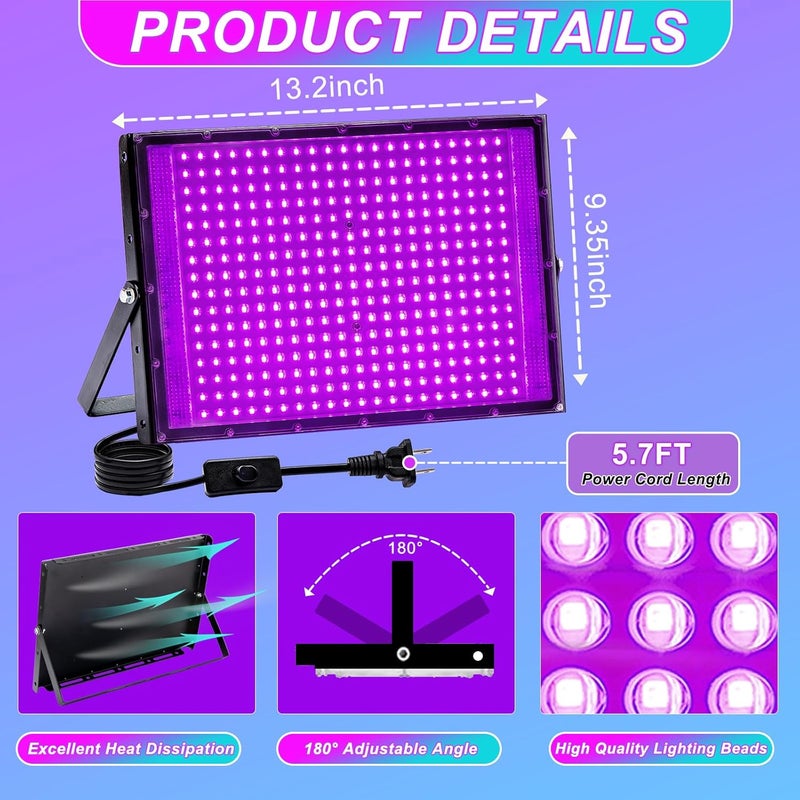 Akpgf Store 300W Black Lights for Glow Party, LED Blacklight IP65 Waterproof with US Plug and Switch 385-400nm UV Black Light for Halloween Decoration,Body Painting,Fluorescent Painting(4 Pack) - Image 4